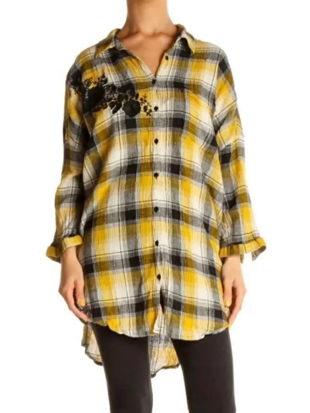 Maeve Yellow Plaid Button Down Tunic with Floral Embroidery size M/L